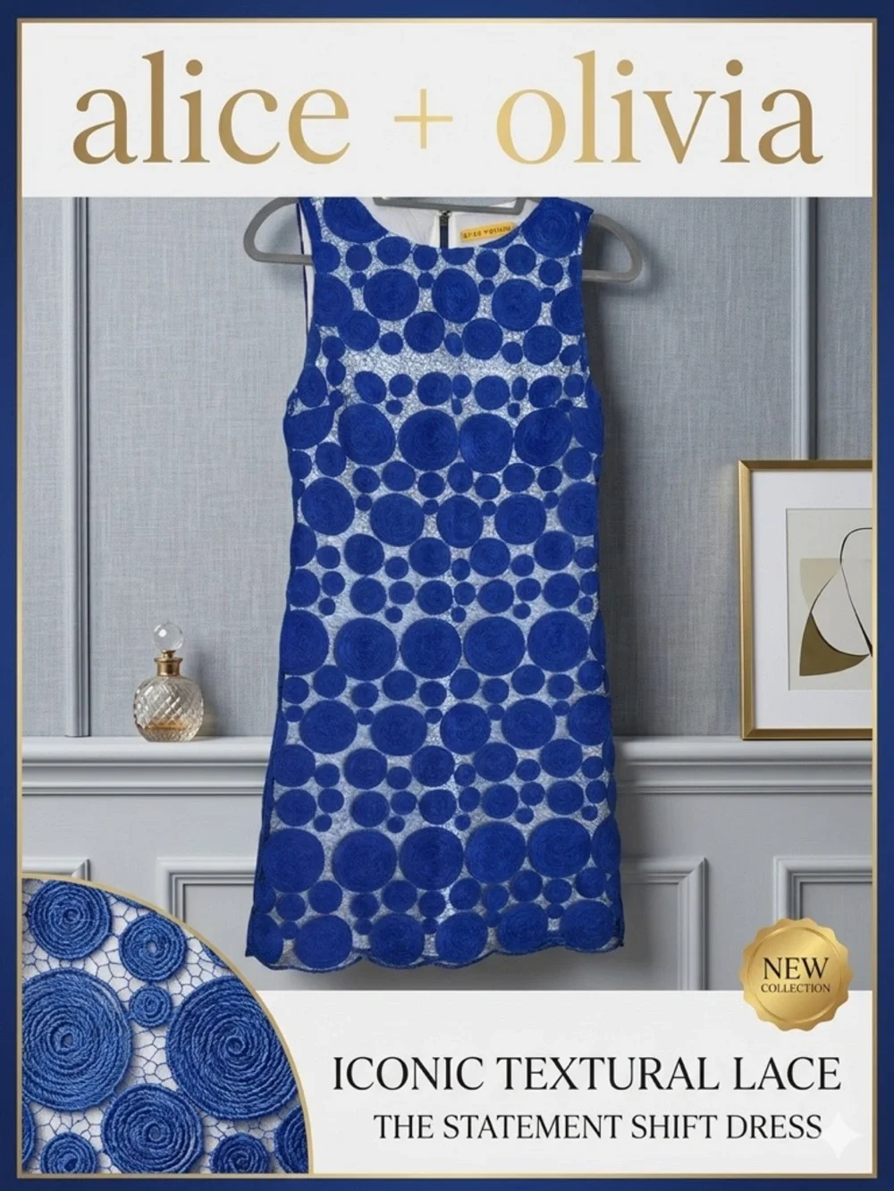 Alice + Olivia Cobalt Blue Sleeveless Circle Lace Sheath Dress Silk Lined - Picture 1 of 14